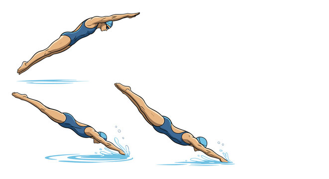 Sequence of a female swimmer performing a professional dive into the water shown in various action frames for training and education.