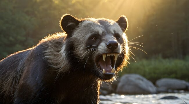An forest toned wolverine turning head sharply in misty river valley
