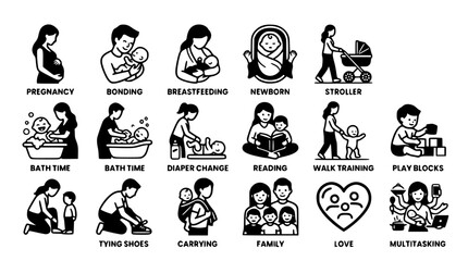 Obraz premium Vector graphic icons representing stages of pregnancy and parenting life