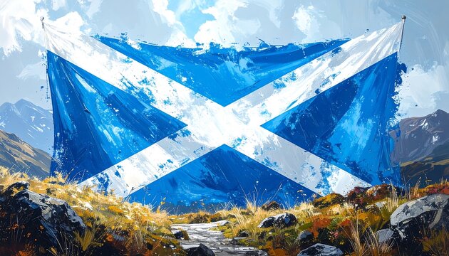 Scottish flag backdrop of picturesque landscape. A trail leads to a billowing flag, sky and mountains behind it