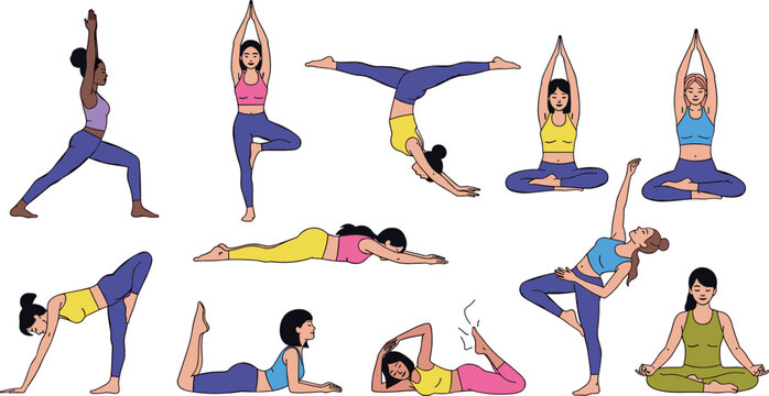 Yoga Poses and Fitness Stretching Exercises Vector Illustration Featuring Female Yoga Practitioners in Various Asanas for Flexibility, Wellness, and Health