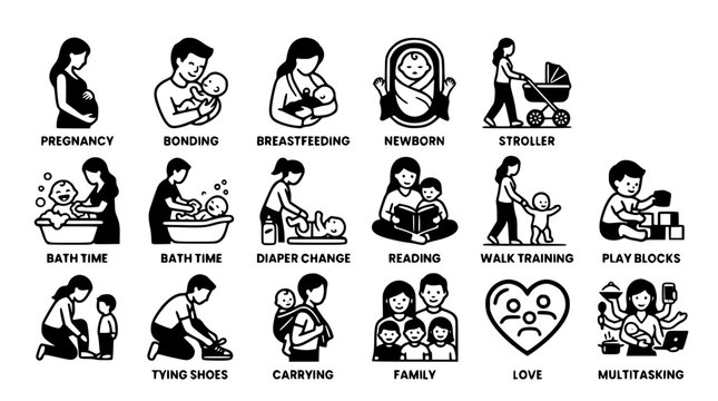 Vector graphic icons representing stages of pregnancy and parenting life