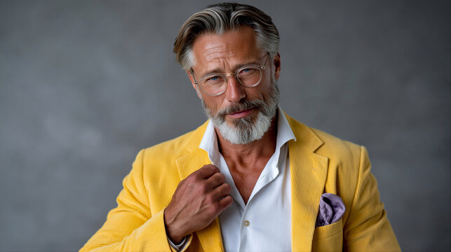 Intelligence senior in glasses and yellow suit on neutral background. Silver fashion and active aging concept. Fashion portrait for poster, commercial 
