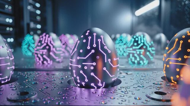 Futuristic egg glowing with circuit pattern in server room, panning shot