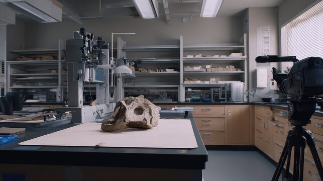 Dinosaur skull undergoing scientific study in paleontology laboratory