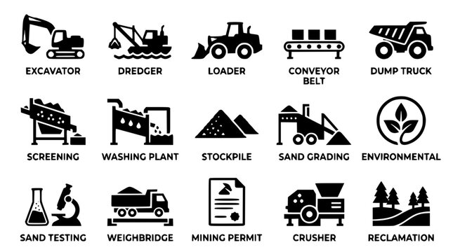 Set of black construction machinery and mining equipment vector icons