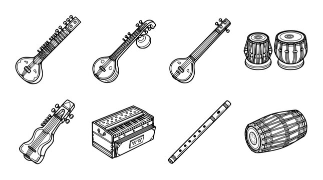 Set of traditional Indian musical instruments in vector graphic style