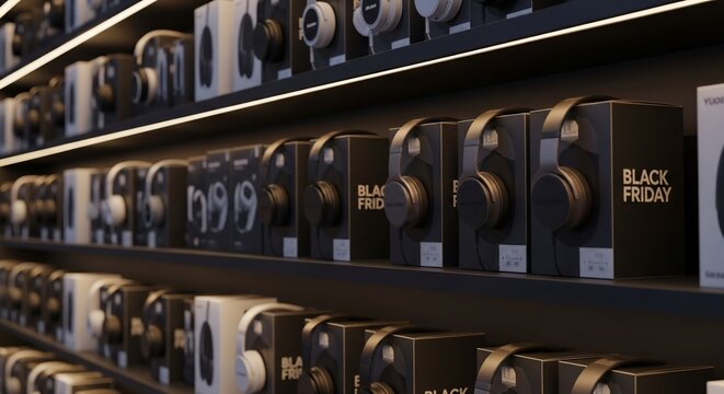 Rows of Black Friday Headphones Displayed on Retail Shelves.