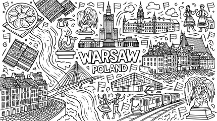 Obraz premium Detailed vector illustration of famous landmarks in Warsaw Poland