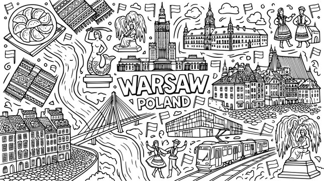 Detailed vector illustration of famous landmarks in Warsaw Poland