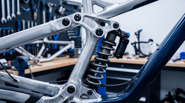 Close-up of a bicycle suspension system showcasing the shock absorber and frame components in a workshop with tools and equipment in the background
