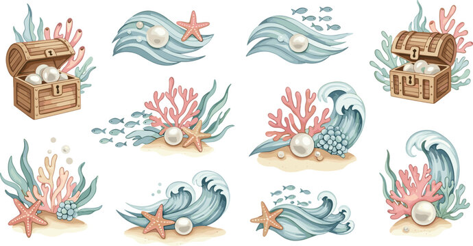 Underwater ocean vector collection featuring treasure chest waves coral pearls starfish and fish marine adventure illustration set