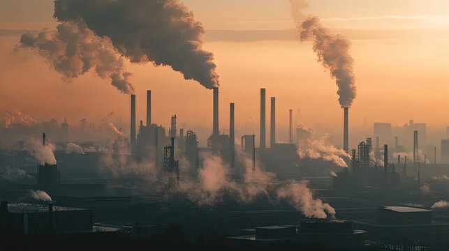 Industrial landscape belching smoke into polluted sky