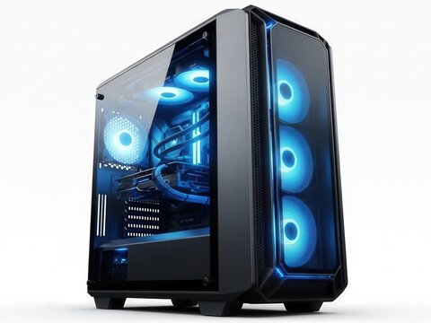 Modern gaming computer tower with glowing blue led cooling fans