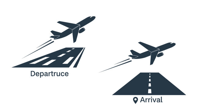 Flight departure and arrival icons showing an airplane taking off from a runway and landing on a landing strip with map markers.