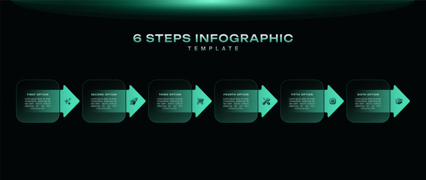 Dark neon technology arrows in a horizontal row showing 6 successive steps of business development. Simple infographic template, clean vector illustration for workflow and presentation