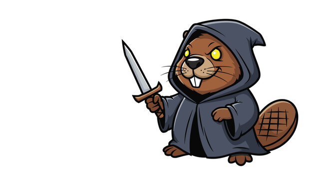 Angry beaver character dressed as a medieval thief or rogue wearing a dark hooded cloak and holding a silver sword in its hand.