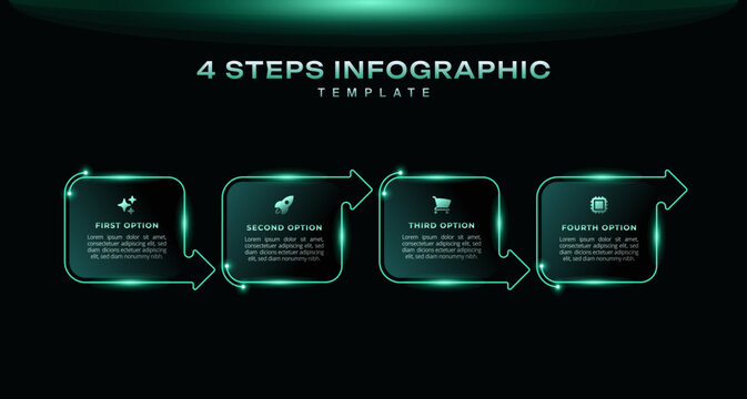Dark neon technology arrows in a horizontal row showing 4 successive steps of business development. Simple infographic template, clean vector illustration for workflow and presentation
