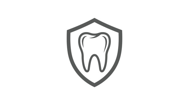Dental health symbol featuring a human tooth icon centered inside a protective shield outline for dentistry and oral hygiene services.