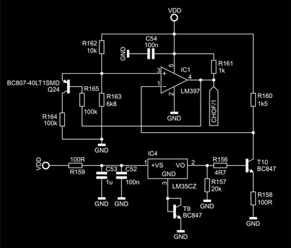 Schematic diagram of electronic device. 
Vector drawing electrical circuit with operational amplifier,
integrated circuit, resistor, capacitor, 
transistor, gnd, components. Computer
technic design.