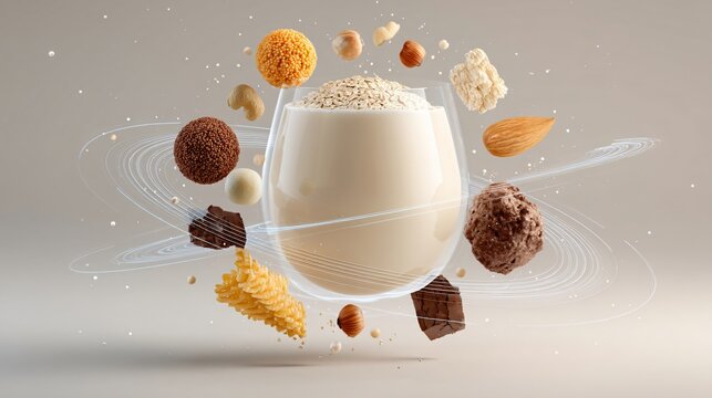 Delicious protein shake with oatmeal and nuts around glass