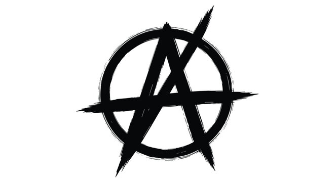 Hand drawn style black anarchy symbol featuring the letter A inside a circle with rough brush strokes on a white background.