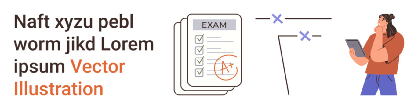 Education, exams, online learning, evaluation, academic performance, study habits. Graded test paper with checklist, person analyzing with tablet. Education and exams effectively