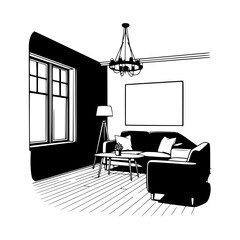 Fototapeta premium Modern Living Room Interior Line Art Illustration with Sofa and Window