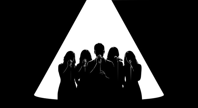 Silhouette of a musical group singing under a bright spotlight