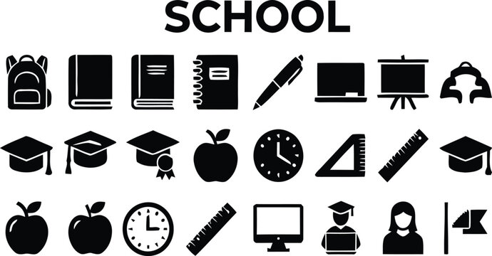 School Icon Set with Education Symbols Backpack Books Graduation Cap and Stationery - Professional Black Vector Icons for Academic Branding and Back to School Marketing