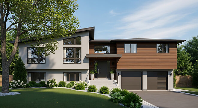 modern split level house exterior with landscaping on transparent background high quality