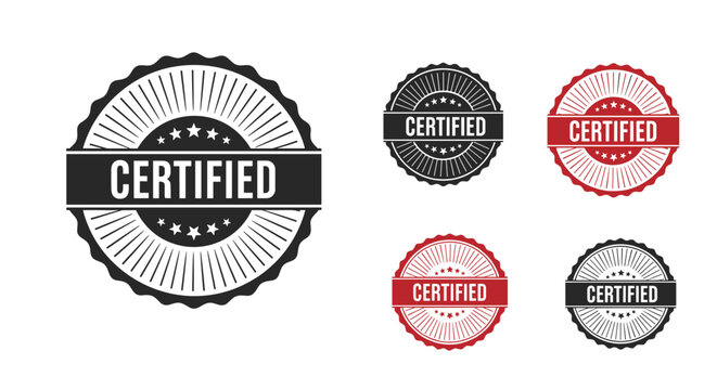 Collection of circular certified stamp seals in black and red colors with stars and sunburst patterns for quality assurance.