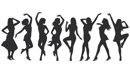 Fototapeta premium Silhouettes of seven dancing women in various poses with silhouette movement graceful illustration
