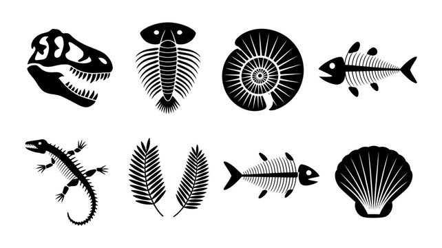 Fossil icons: dinosaur skull trilobite ammonite fish skeleton lizard ferns seashell with dinosaur, skeleton