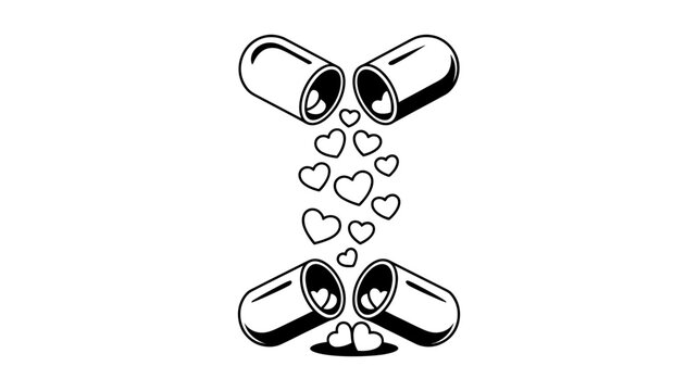 Open medicine capsule releasing heart shapes in line art with medicine treatment pharmacy illustration