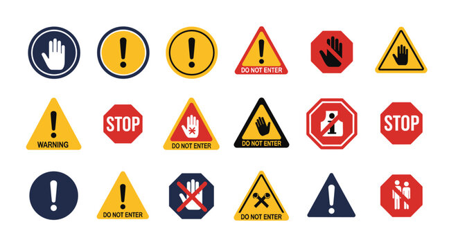 Set of various warning and stop signs in different shapes like circles, triangles, and octagons with hands and exclamation marks.