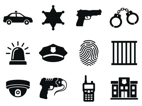 Law Enforcement and Police Silhouette Icons Set, Handcuffs Badge Siren Fingerprint Security Icons
