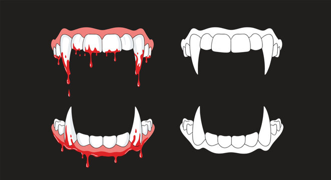 Set of vampire fangs graphics includes both clean white teeth and versions with dripping red blood for halloween.