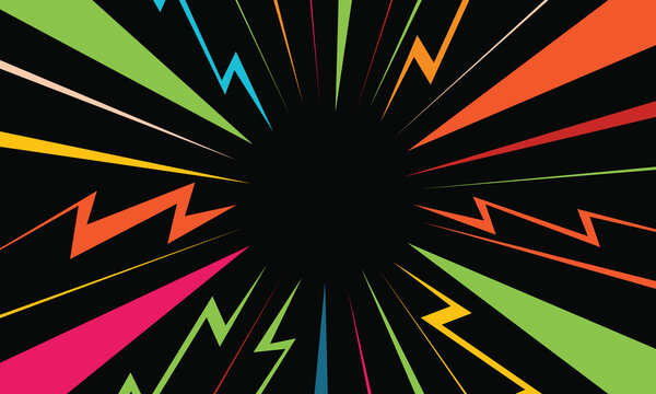 Vibrant multicolored lightning bolts radiating from center