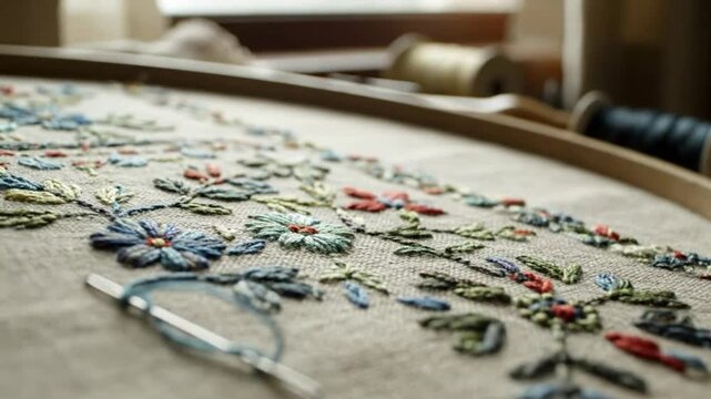 Close-up of a finished floral embroidery on linen fabric held in a wooden embroidery hoop in natural light