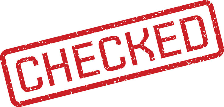 A grunge effect rectangular red rubber stamp prominently showcasing the word CHECKED diagonally across it