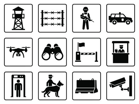 Border Security and Surveillance Silhouette Icons Set, Guard Tower Fence Drone Camera Control Icons
