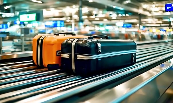Suitcases moving on airport travelator conveying traveler luggage forward.