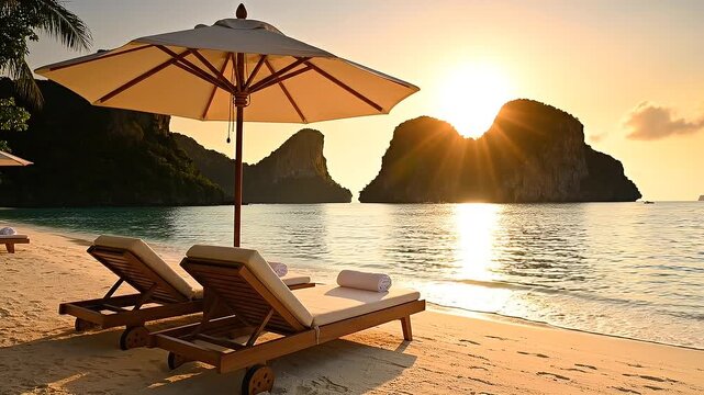Sunbed on tropical beach at sunset, static shot