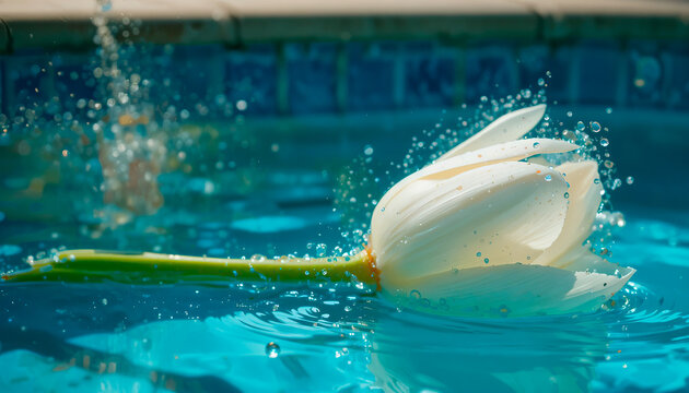 white tulip floating in the pool