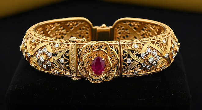 gold bracelet with intricate floral design and ruby gemstone on transparent background