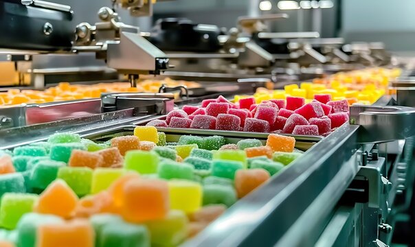Conveyor belt carrying colorful gummy candies in factory production line.