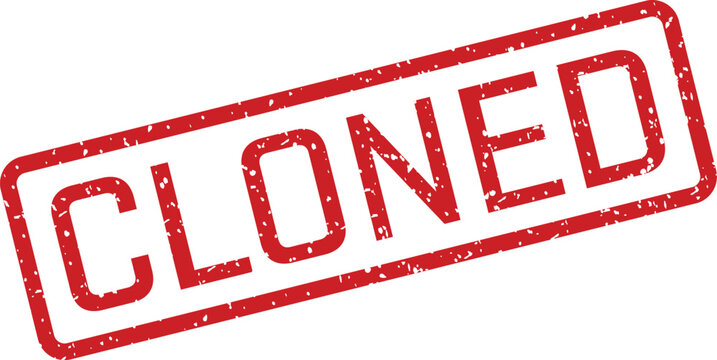 Distinctive red cloned scientific stamp with distressed grunge texture appearing on a bright white surface