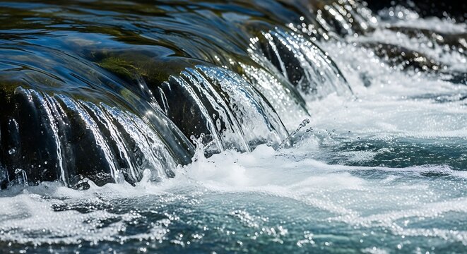 Crystal clear water cascades over smooth rocks, creating foamy white rapids and sparkling light reflections