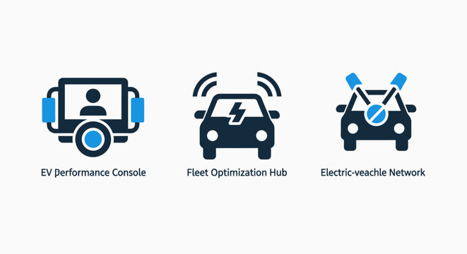 Ai performance console fleet optimization hub electric vehicle network icons with artificial intelligence white background electric automotive performance optimization technology management
